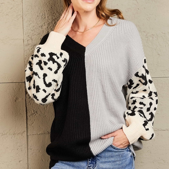 Melody Leopard Colorblock Sweater  - Gray - Picture 9 of 12